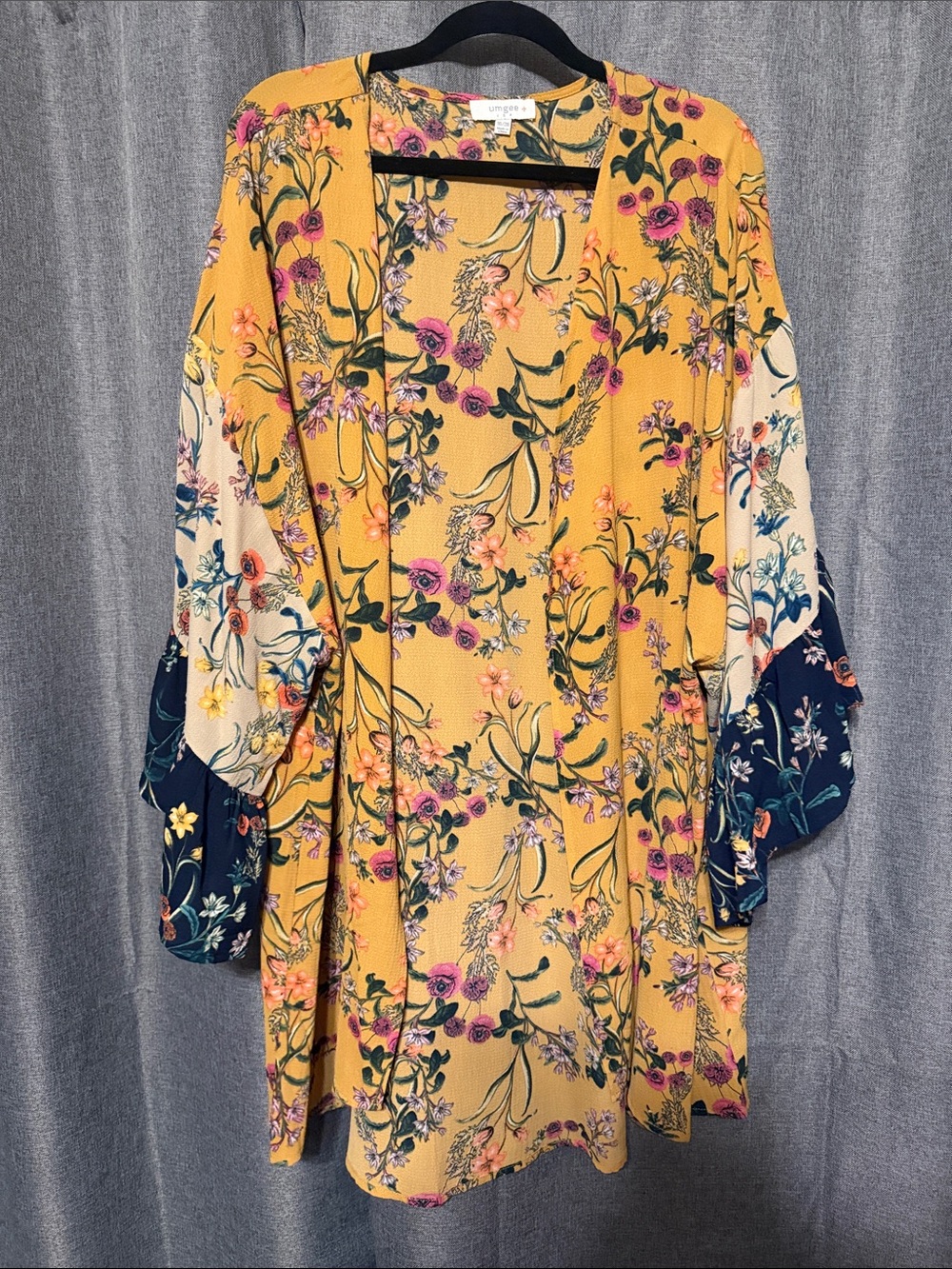 Umgee Yellow Floral Open-Front Cardigan with Multicolor Sleeves
